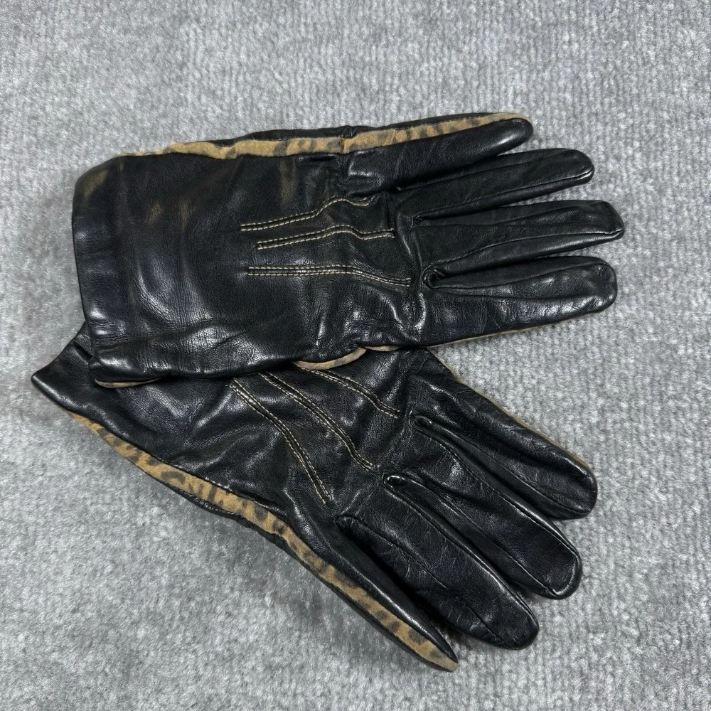 Leather Gloves Womens Black Cashmere Lambswool Blens Lined Animal Print